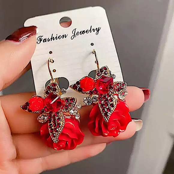 Rhinestone Rose Drop Flower Earrings - Picture 4 of 8